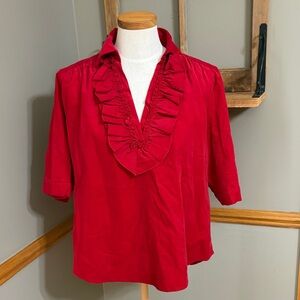 Caryn lawn corduroy v neck Red Ruffle neck short sleeve Top